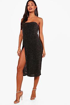 Boohoo Metallic Bandeau Super Split Midi Dress