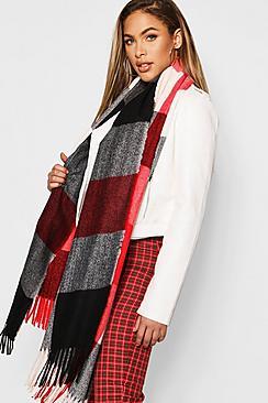 Boohoo Red Colour Block Check Woven Scarf