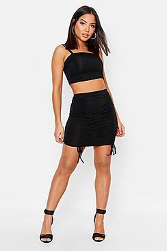 Boohoo Slinky Ruched Strappy Bardot & Mini Skirt Co-ord