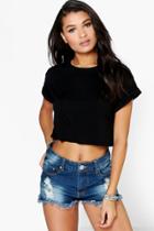 Boohoo Sarah Crop Roll Back Sleeve Tee Black