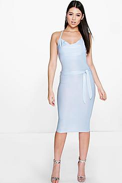 Boohoo Suki Cowl Drape Strappy Tie Waist Midi Dress