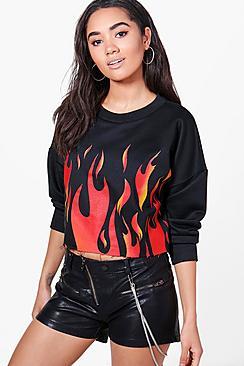 Boohoo Petite Charlotte Flame Print Crop Sweat
