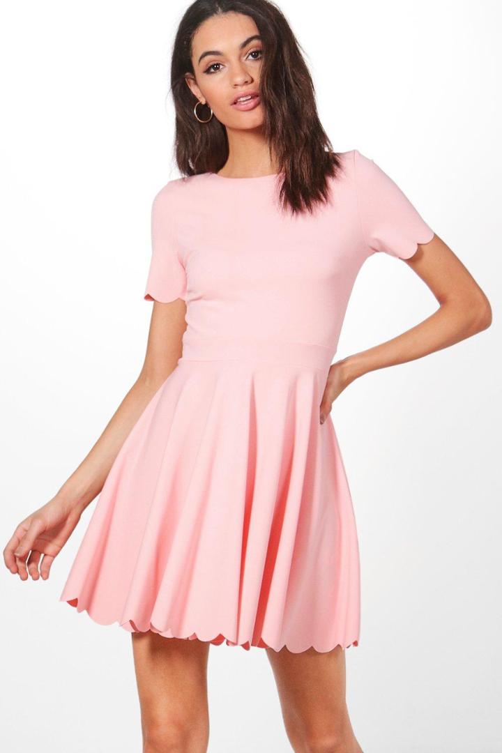 Boohoo Alice Scallop Detail Skater Dress Peach