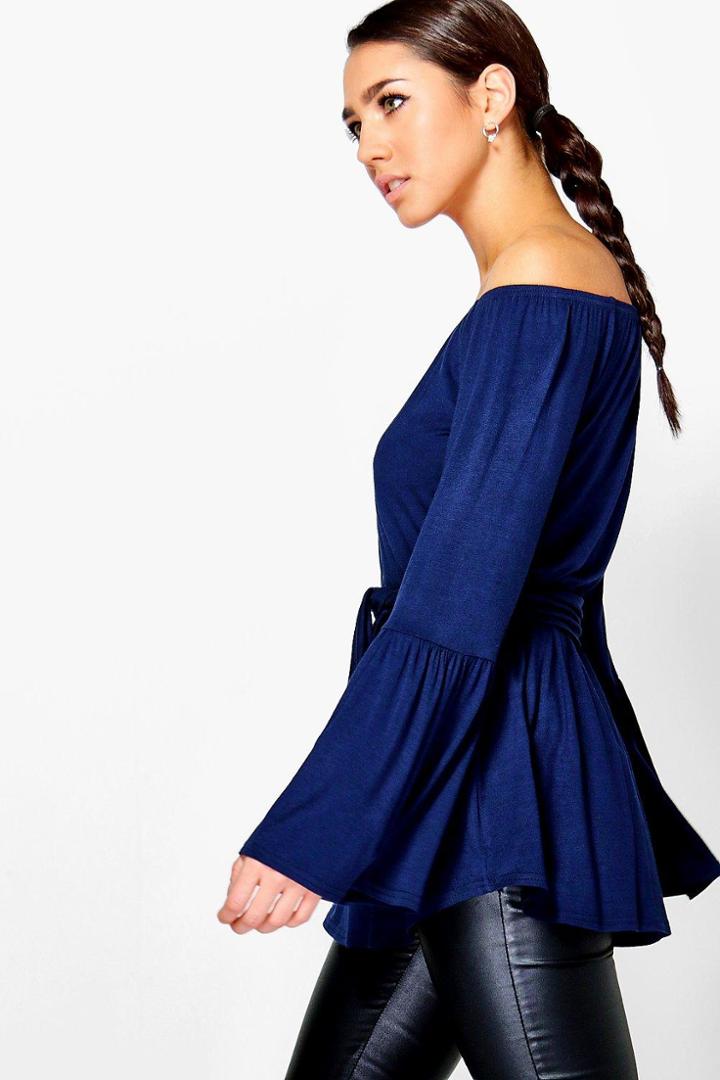 Boohoo Melissa Off The Shoulder Tie Waist Top Navy