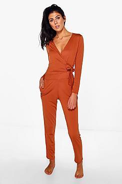 Boohoo Heidi Wrap Front Lounge Jumpsuit
