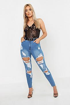 Boohoo Plus Distressed High Rise Stretch Skinny Jean