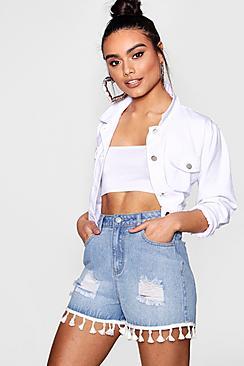 Boohoo Maya High Wasted Pom Pom Trim Denim Mom Shorts