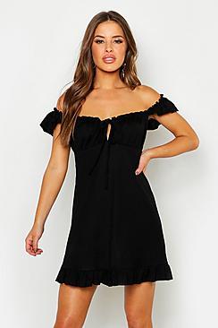 Boohoo Petite Sweetheart Neck Linen Look Shift Dress