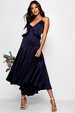 Boohoo Boutique Fi Satin Dip Hem Ruffle Detail Dress