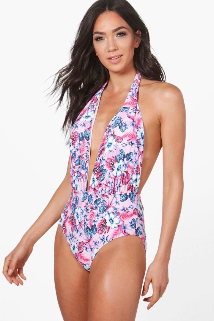 Boohoo Dubai Digital Floral Plunge Bathing Suit Pink