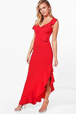 Boohoo Gia Frill Detail Cold Shoulder Maxi Dress