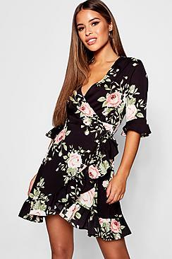 Boohoo Petite Floral Ruffle Hem Wrap Dress