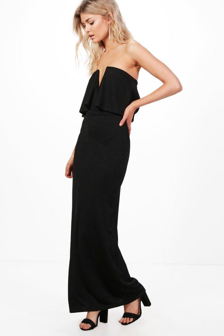 Boohoo Petite Emma Double Layer Plunge Crepe Maxi Dress Black