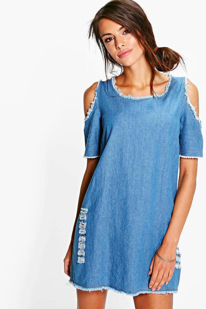 Boohoo Carly Cold Shoulder Fray Denim Dress Indigo