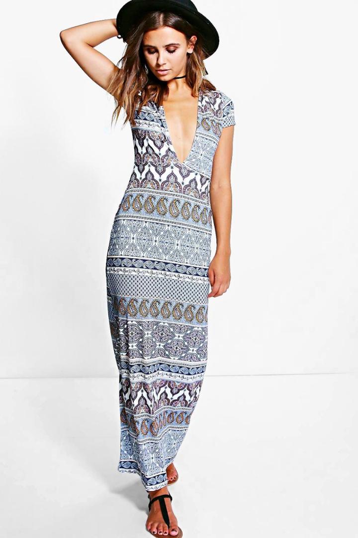 Boohoo Petite Tilly Plunge Neck Cap Sleeve Maxi Dress Blue