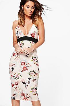Boohoo Dahlia Floral Print Strappy Midi Dress