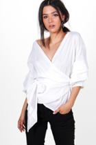 Boohoo Laura Woven Ruched Sleeve Wrap Front Blouse White