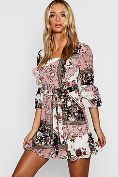Boohoo Mixed Print Button Front Tea Dress