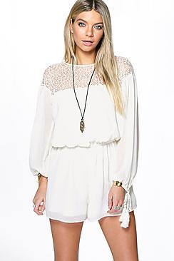 Boohoo Julia Lace Insert Tassel Oversized Playsuit