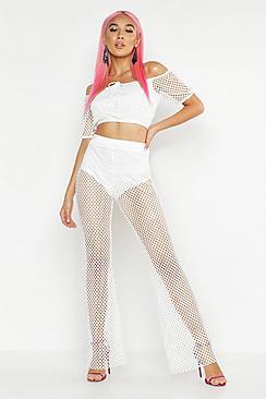Boohoo Mesh Off The Shoulder Top & Flare Trouser Co-ord