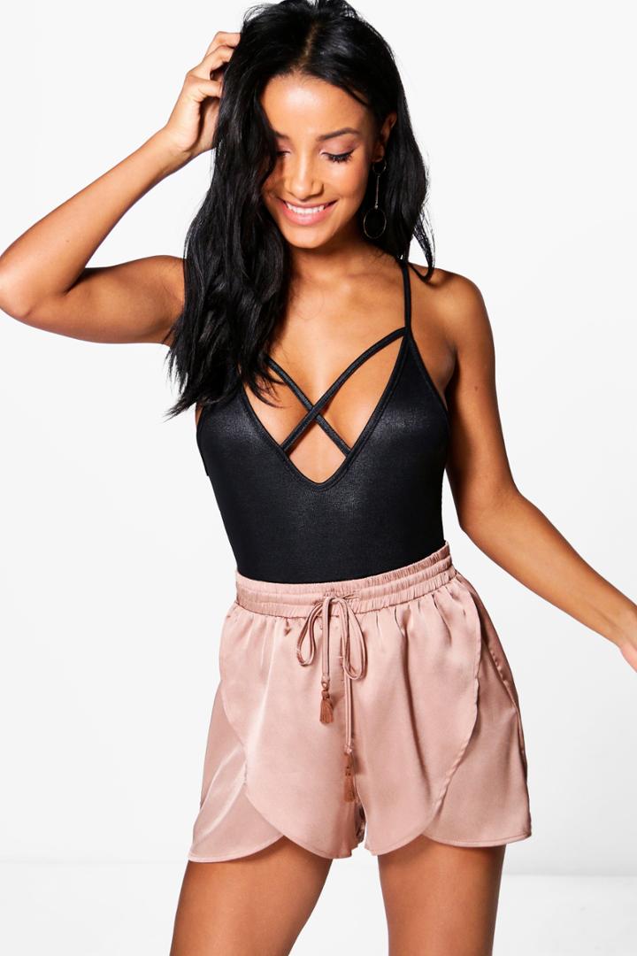 Boohoo Sarah Satin Split Front Tassel Trim Shorts Stone