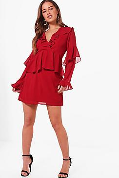 Boohoo Petite Phoebe Ruffle Sleeve Tea Dress