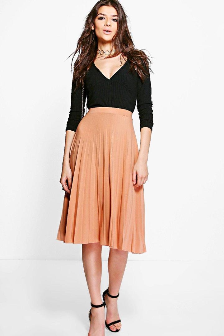 Boohoo Geneva Pleated Slinky Midi Skirt Tan