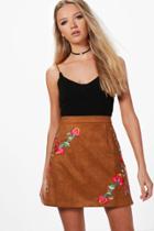 Boohoo Harper Embroidered A Line Suedette Skirt Tan