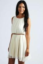 Boohoo Frankie Sleeveless Chiffon Belted Skater Dress Cream