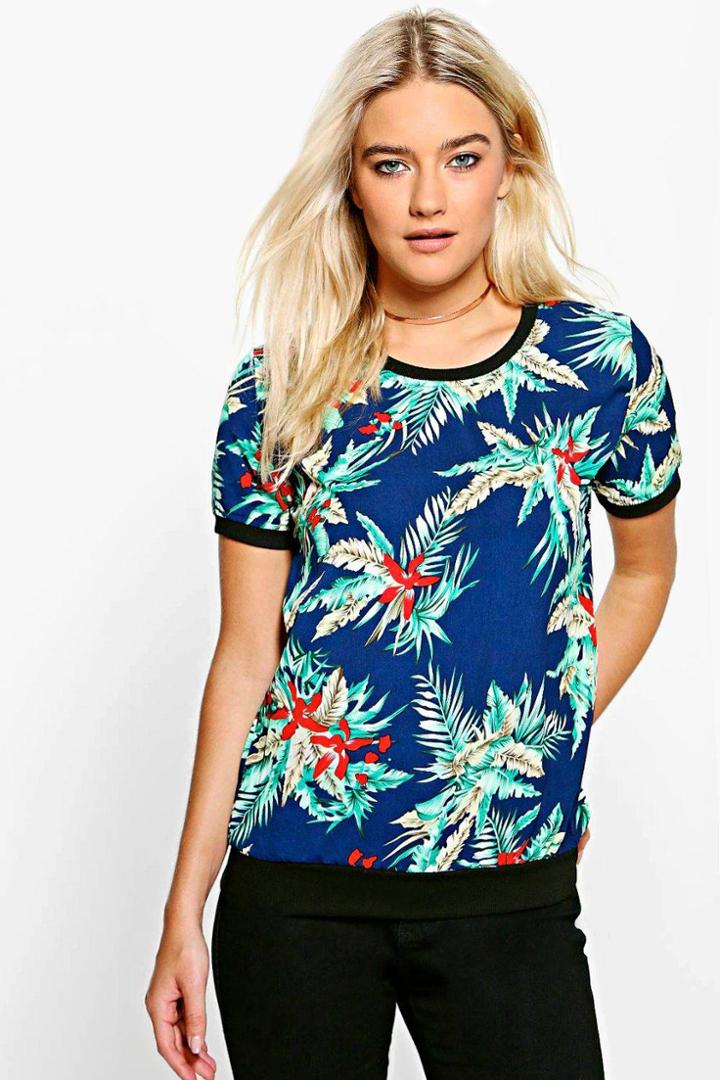 Boohoo Lara Tropical Print Top Navy