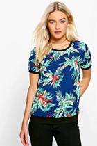 Boohoo Lara Tropical Print Top Navy