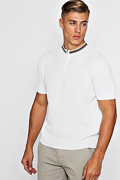 Boohoo Zip Detail Short Sleeve Rib Knitted Polo
