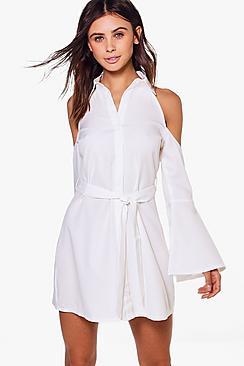 Boohoo Petite Elle Cold Shoulder Tie Front Shirt Dress