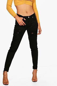 Boohoo Jessie Mid Rise Distressed Thigh Skinny Jeans