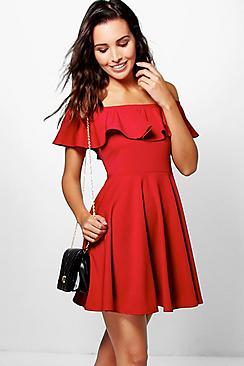 Boohoo Abela Off Shoulder Frill Detail Skater Dress