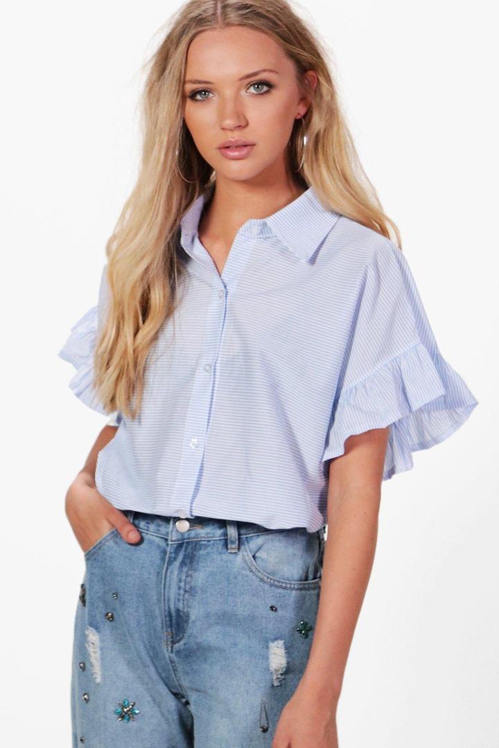 Boohoo Niamh Stripe Ruffle Sleeve Tailored Shirt Blue