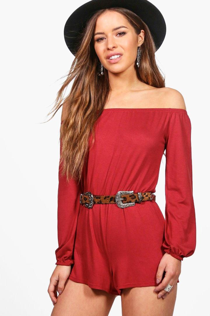 Boohoo Petite Martha Off The Shoulder Playsuit Chestnut