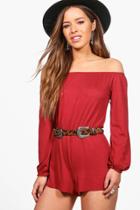 Boohoo Petite Martha Off The Shoulder Playsuit Chestnut
