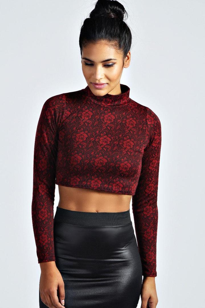 Boohoo Betty Floral Roll Neck Crop Top - Burgundy