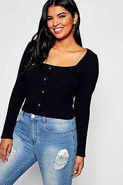 Boohoo Plus Ribbed Button Top