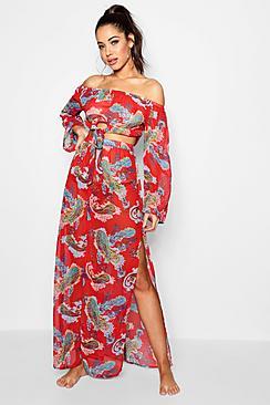 Boohoo Tabby Bardot Split Skirt Maxi Beach Co-ord
