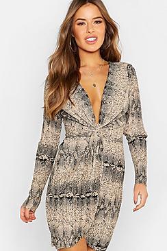Boohoo Petite Snake Print Pleated Twist Front Midi Dress