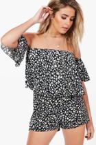 Boohoo Nima Monochrome Print Off Shoulder Playsuit Black
