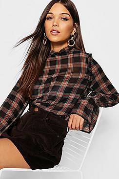 Boohoo Tartan Check Ruffle High Neck Blouse