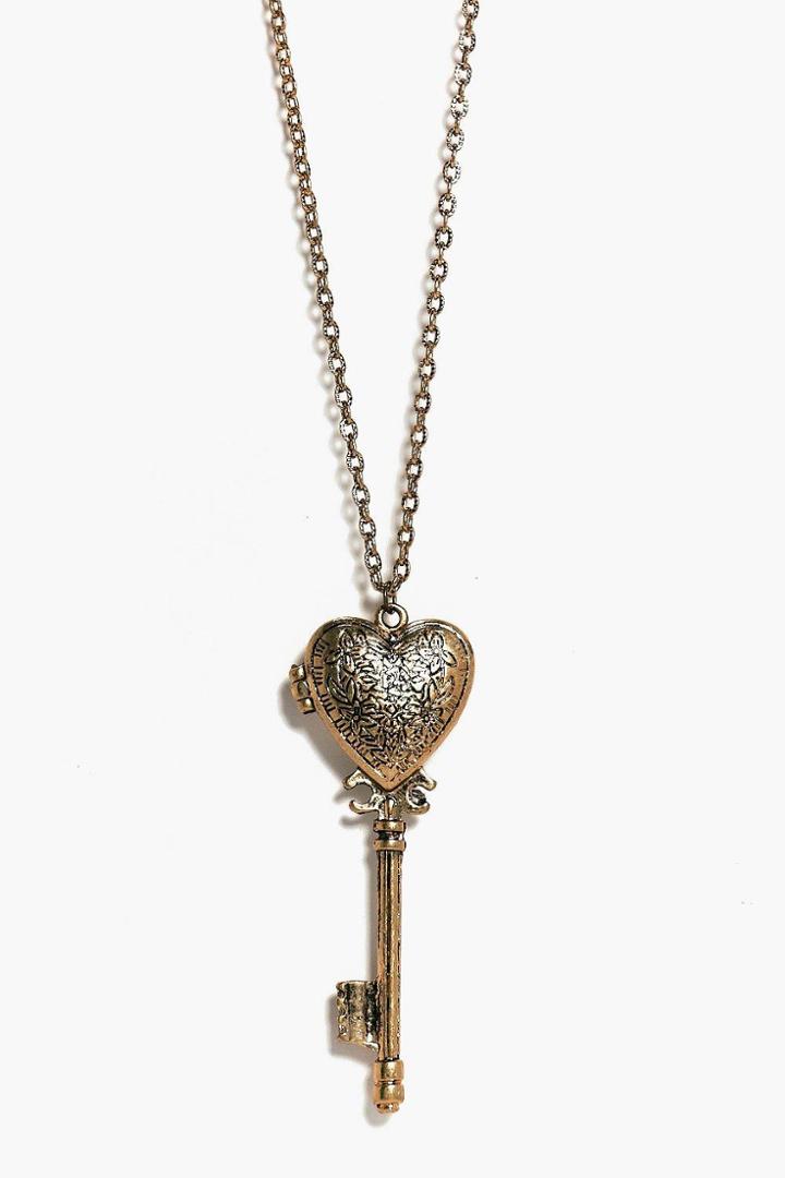 Boohoo Maisie Heart Key Antique Necklace Gold