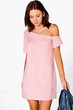 Boohoo Freya Knitted Off The Shoulder Slouchy Dress