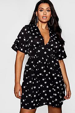 Boohoo Plus Angel Sleeve Star Print Skater Dress