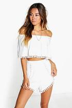 Boohoo Ruby Pom Pom Off The Shoulder Crop And Shorts