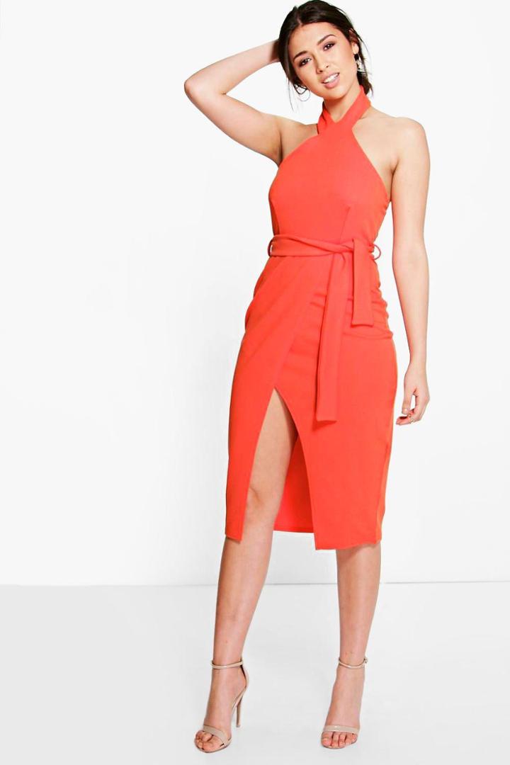 Boohoo Belle High Neck Tie Waist Wrap Midi Dress Orange