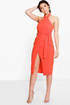 Boohoo Belle High Neck Tie Waist Wrap Midi Dress Orange